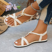Women Ivory White Bohemian Sandals with Rhinestones and Crisscross Straps