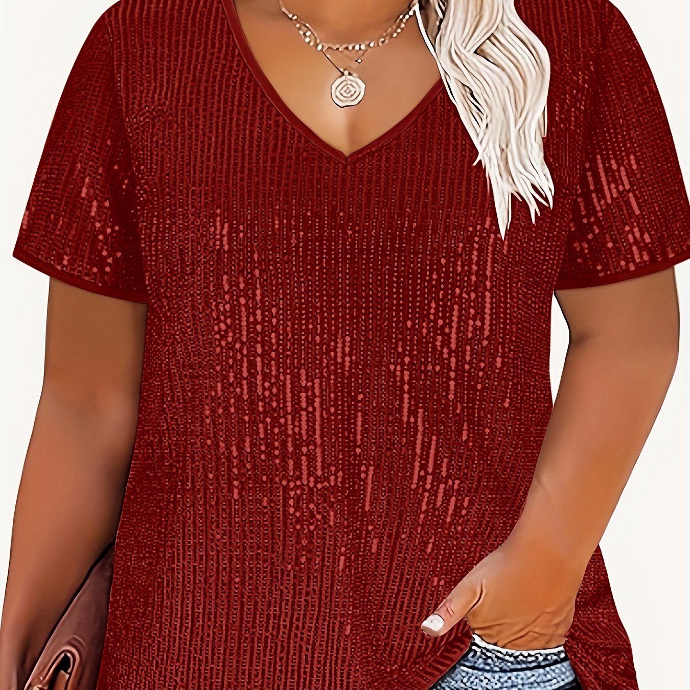 Plus Size Sequin V-Neck Blouse in Gold Yellow Polyester Short Sleeve Elegant