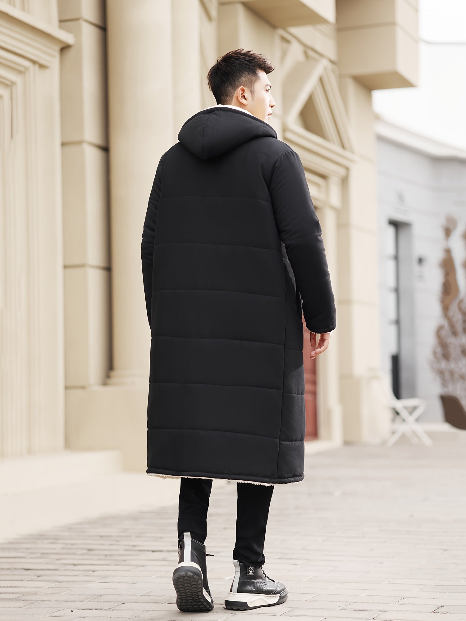 Men's Reversible Hooded Long Coat Polyester Fleece Solid Color Loose Fit Zipper Closure