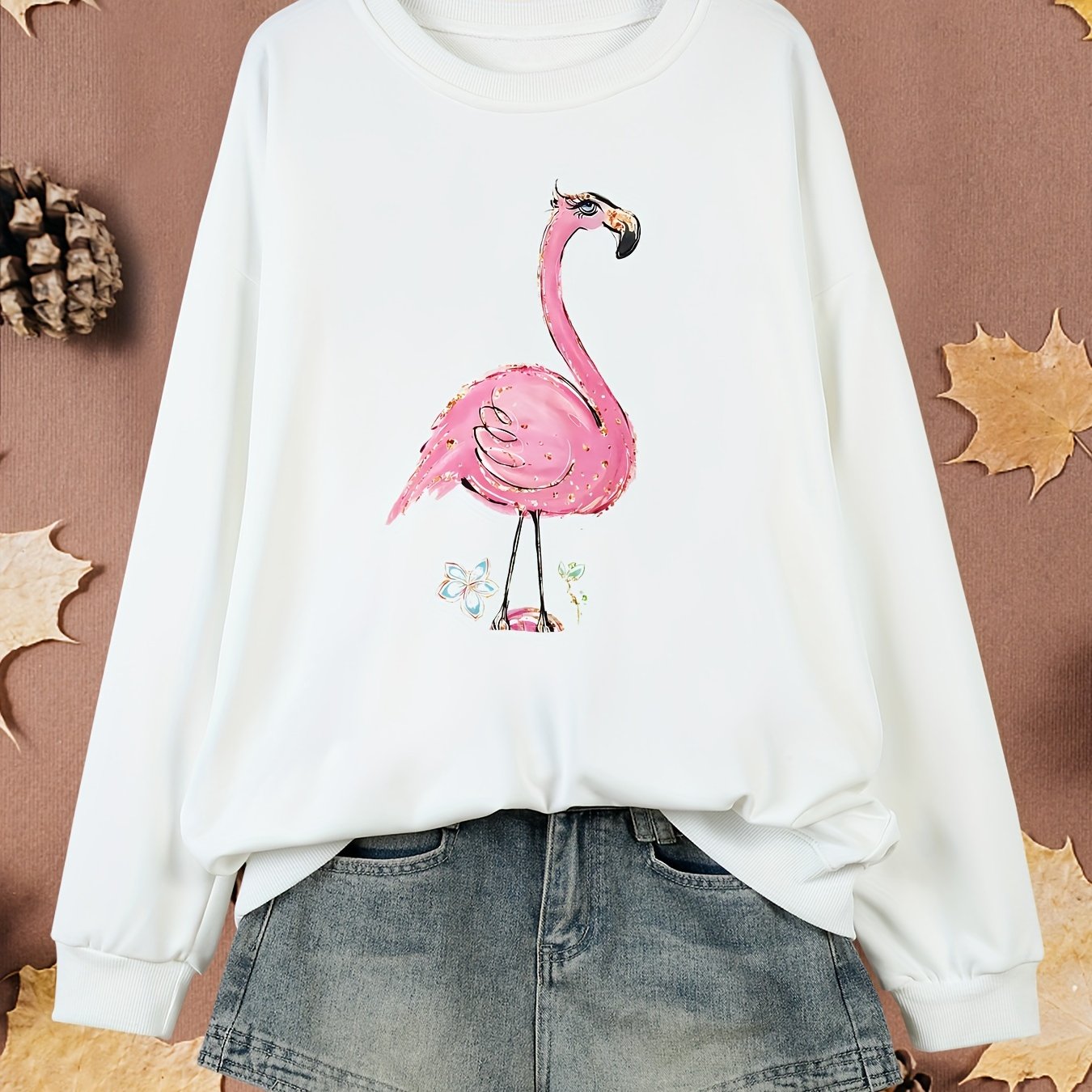Women's Plus Size Flamingo Print Pullover Sweatshirt Long Sleeve Fall Spring