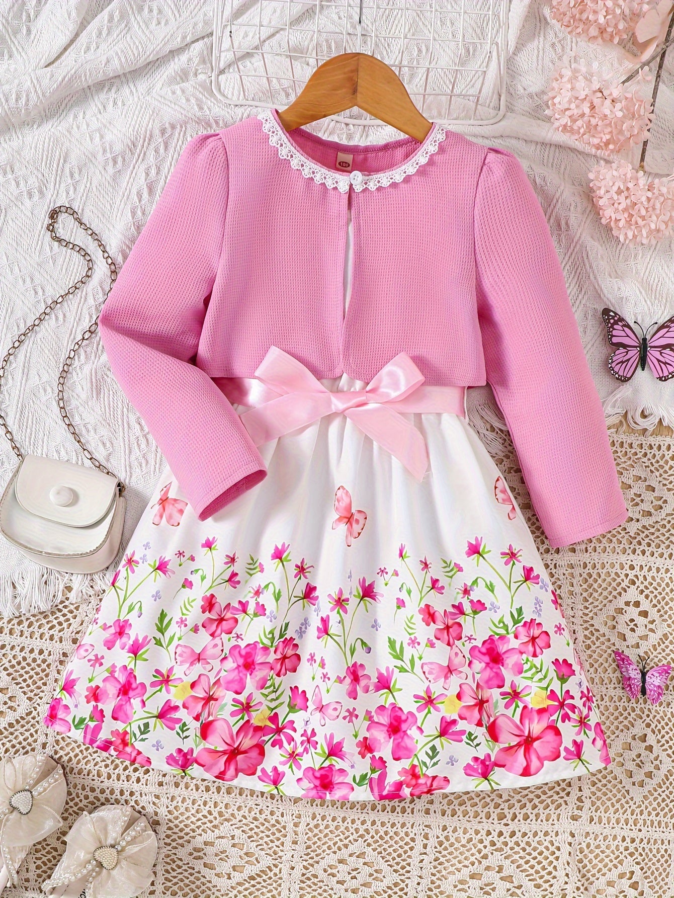 Girls Spring Floral 2-Piece Dress Set with Cardigan Polyester for Outdoor Wear