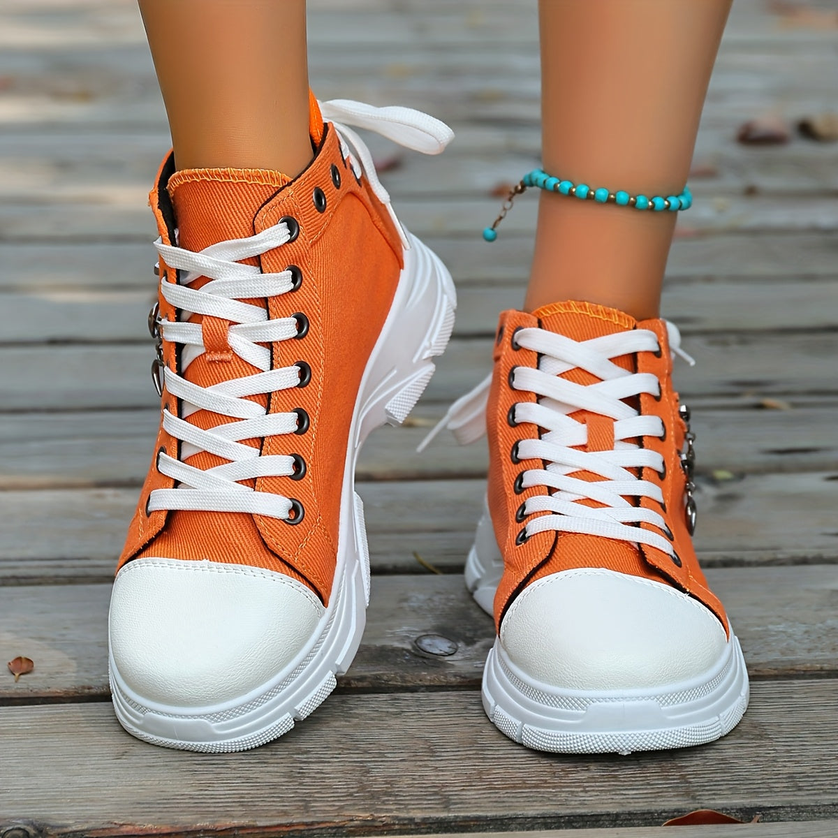 Men's Casual High-Top Sneakers Blue Denim Lace-Up Rubber Sole