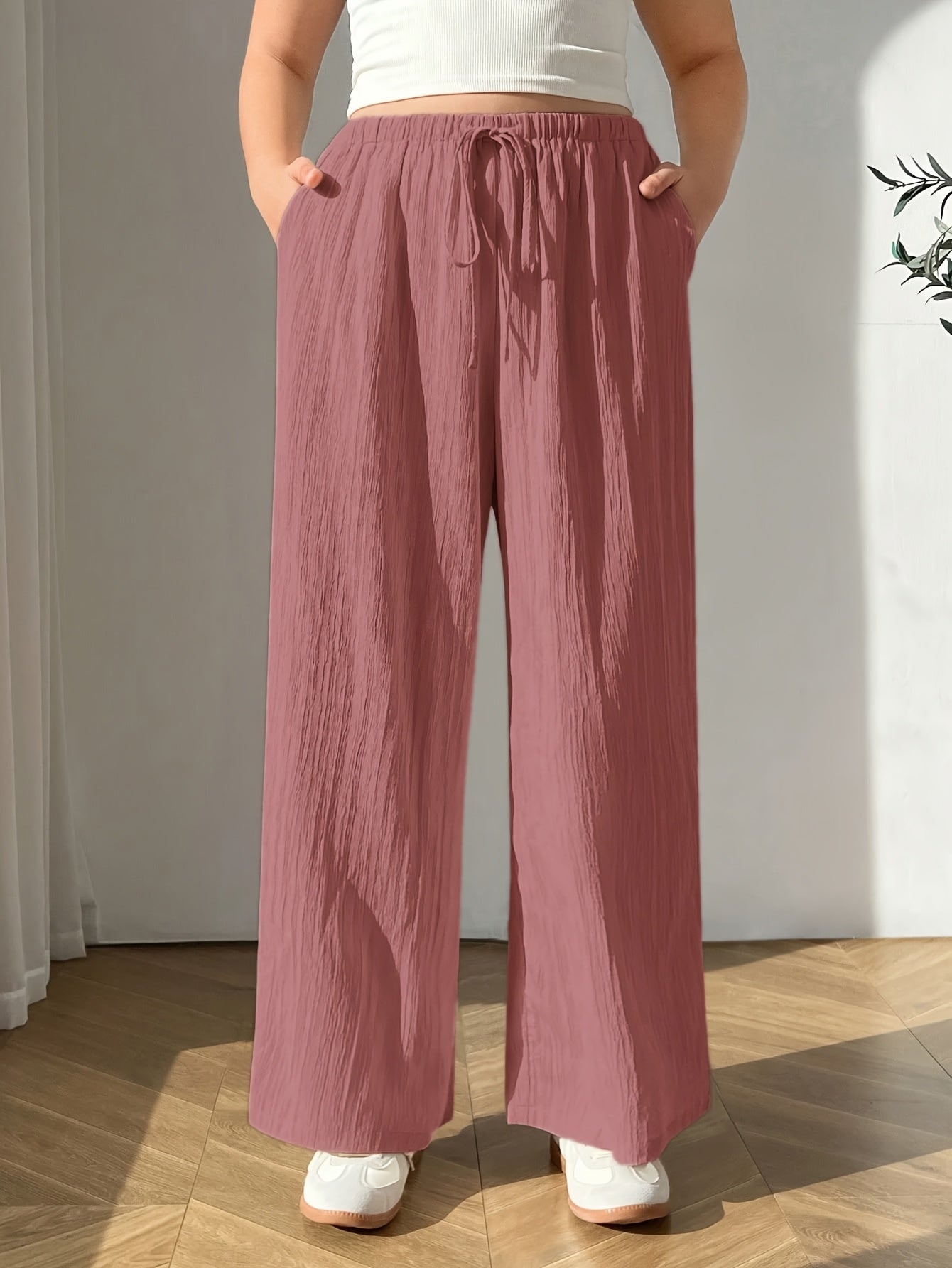 Plus Size Women's Casual Pants Polyester Pink Drawstring Straight Leg