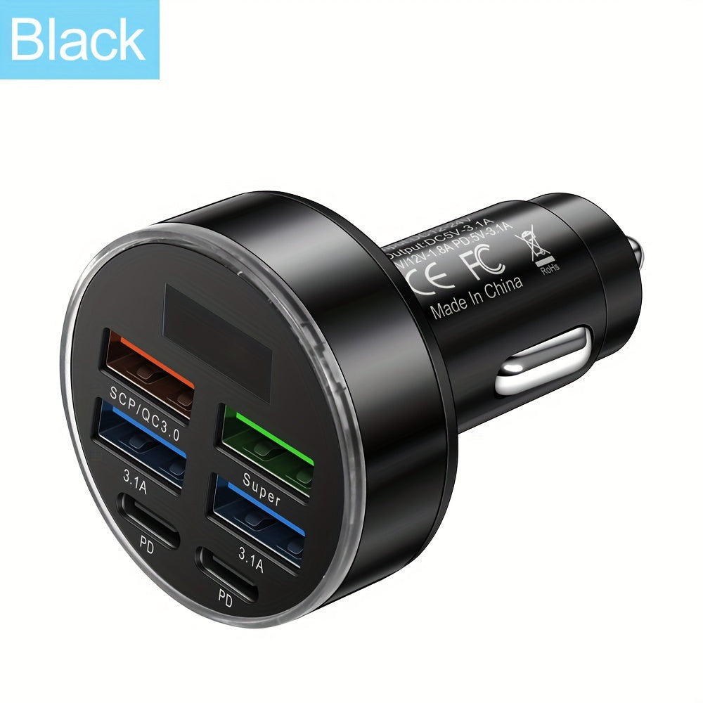 6-in-1 USB Car Charger Rapid Charging with LED Screen for Multiple Devices