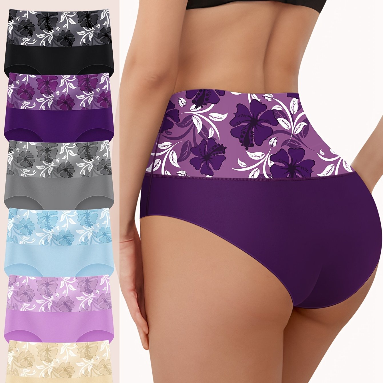 Set de 6 bragas sin costuras de cintura alta con estampado floral para mujer, ropa interior transpirable y elástica
