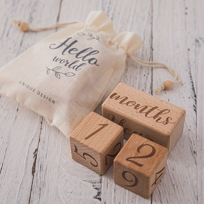 Wooden Milestone Blocks Set for Baby Photos and Growth Memories Light Brown with Drawstring Bag