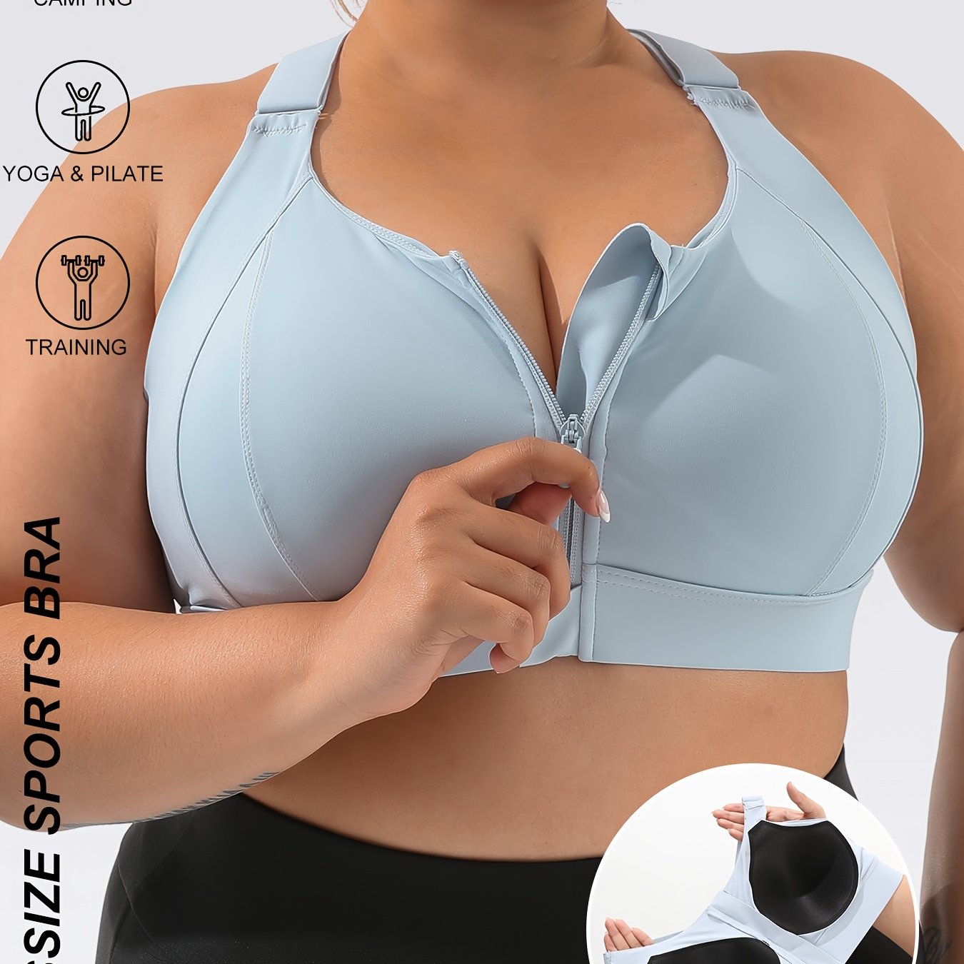 Plus Size Sports Bra with Zipper High Impact Support Adjustable Straps