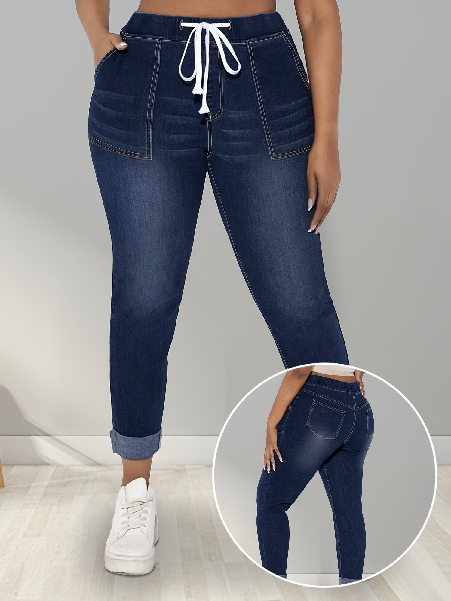 Women's Plus Size High Stretch Skinny Jeans with Roll-Up Hem and Pockets