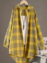 Plus Size Women's Plaid Shirt with Lapel Collar Long Sleeves Dipped Hem Spring Casual