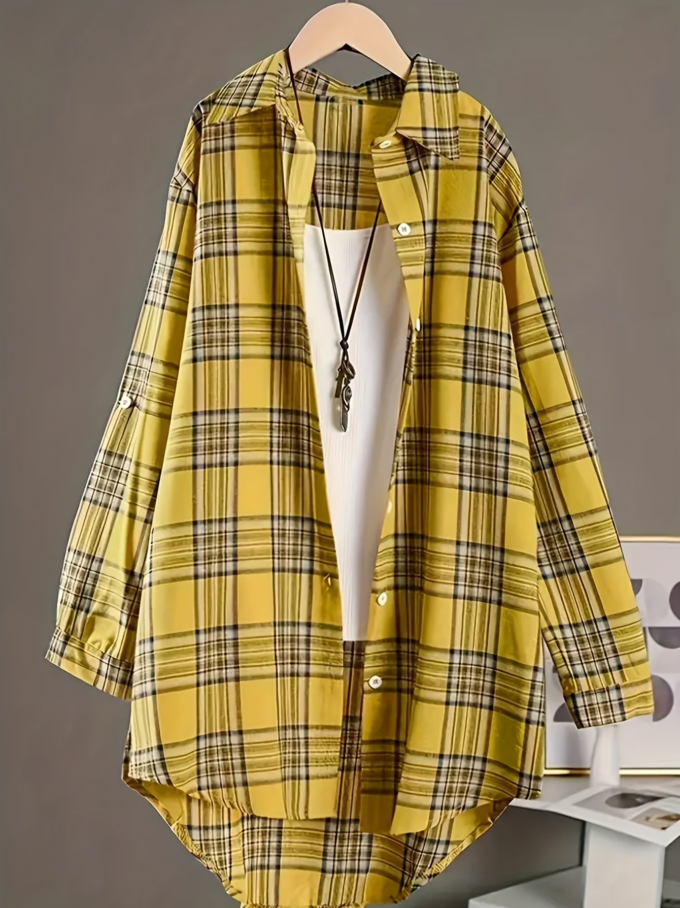 Plus Size Women's Plaid Shirt with Lapel Collar Long Sleeves Dipped Hem Spring Casual