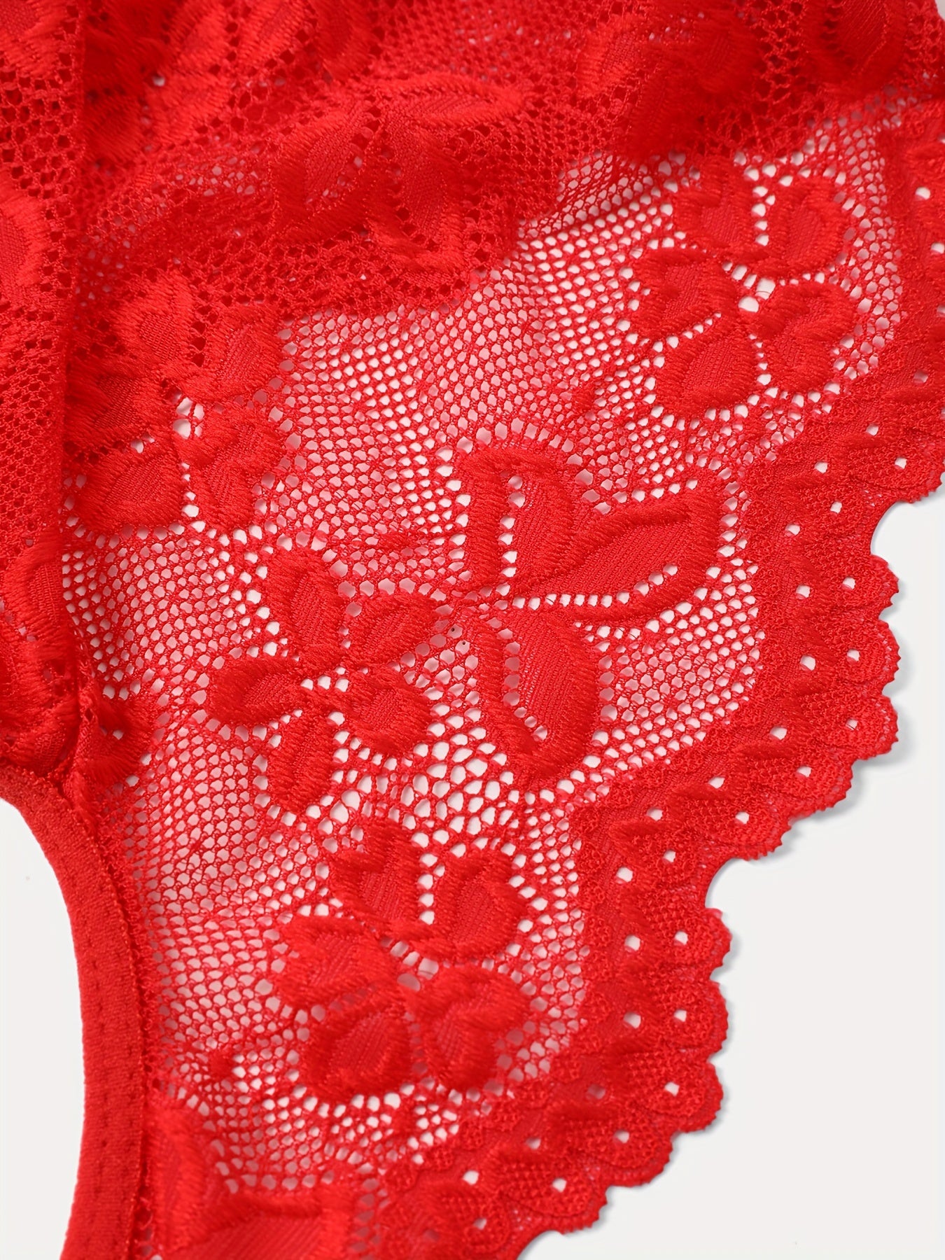 Women's Red Lace Bodysuit with Deep V-Neck and Floral Print Nylon Lingerie