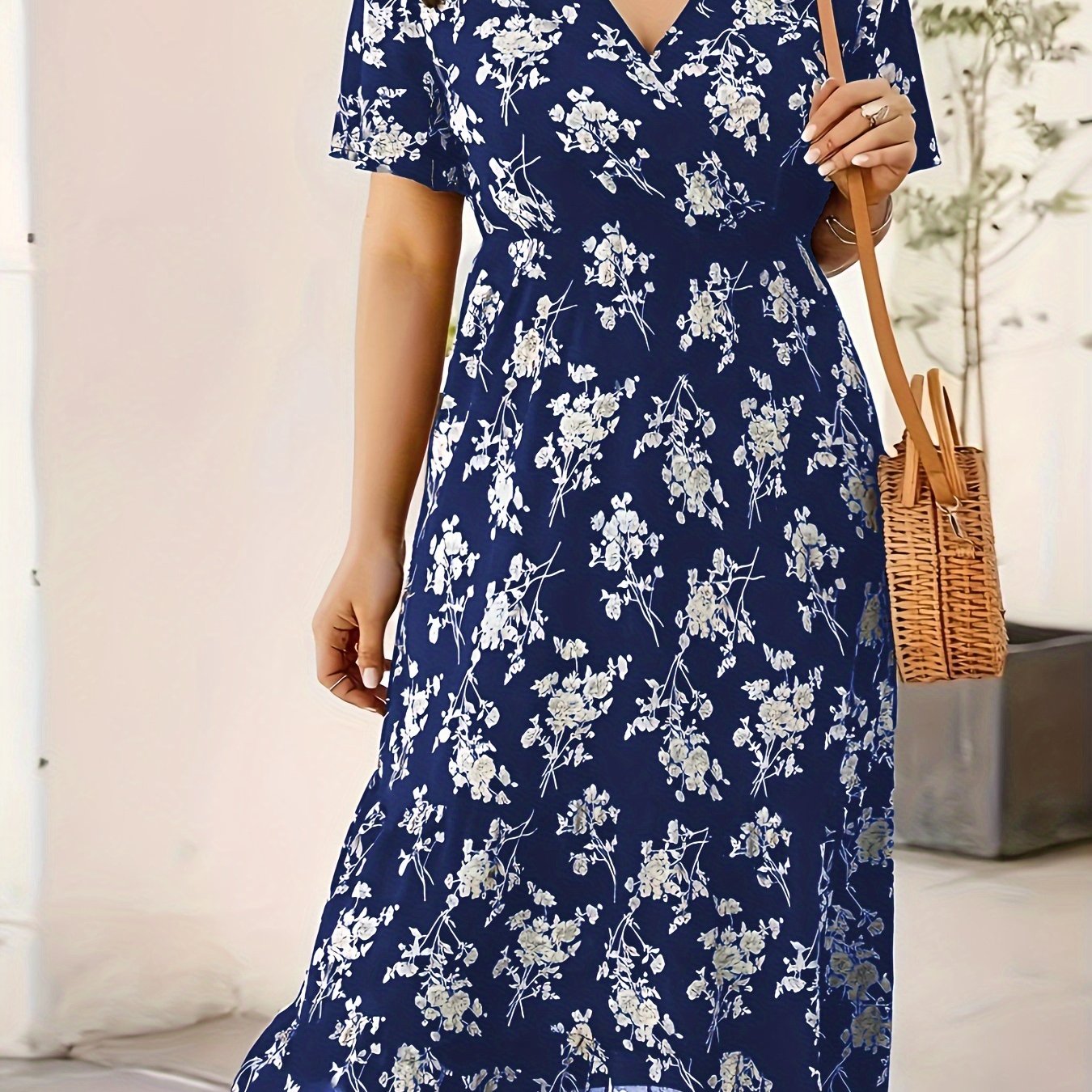 Blue Floral Midi Dress with Flutter Sleeves Surplice Neck for Women