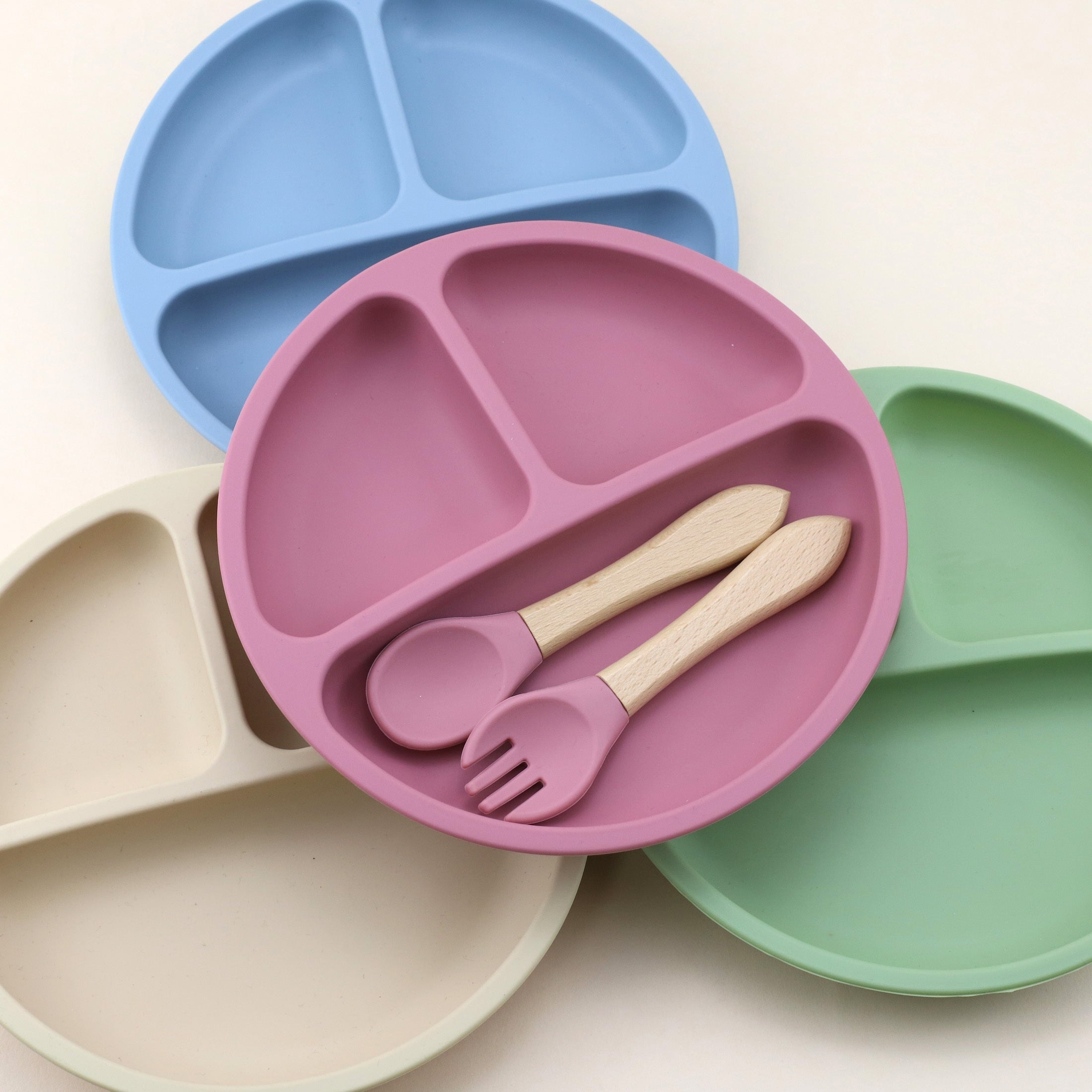 Baby Feeding Set 3-Piece Silicone Divided Plate with Suction Wooden Spoon Fork Red