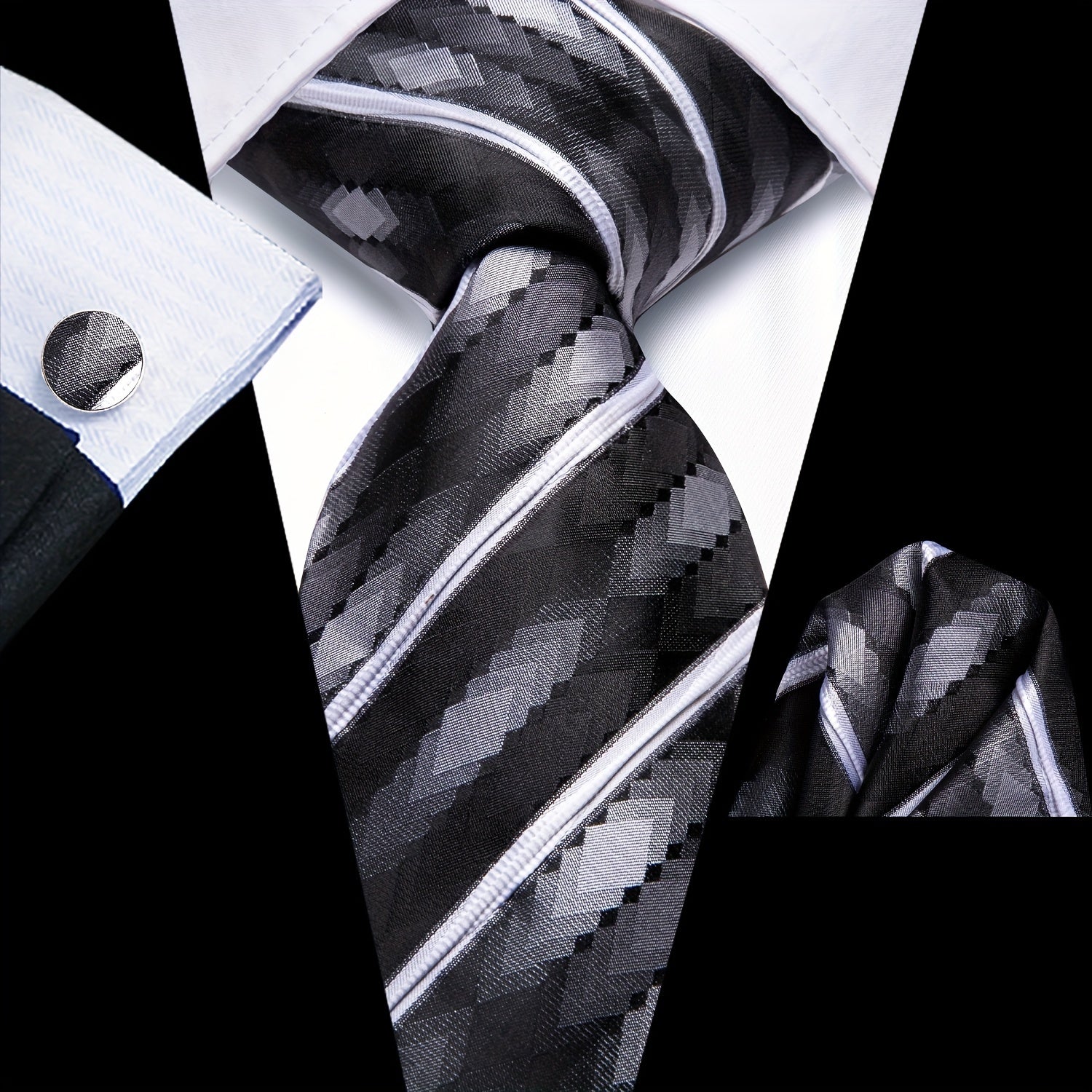 Men's Classic Striped Necktie Set with Cufflinks for Business and Party