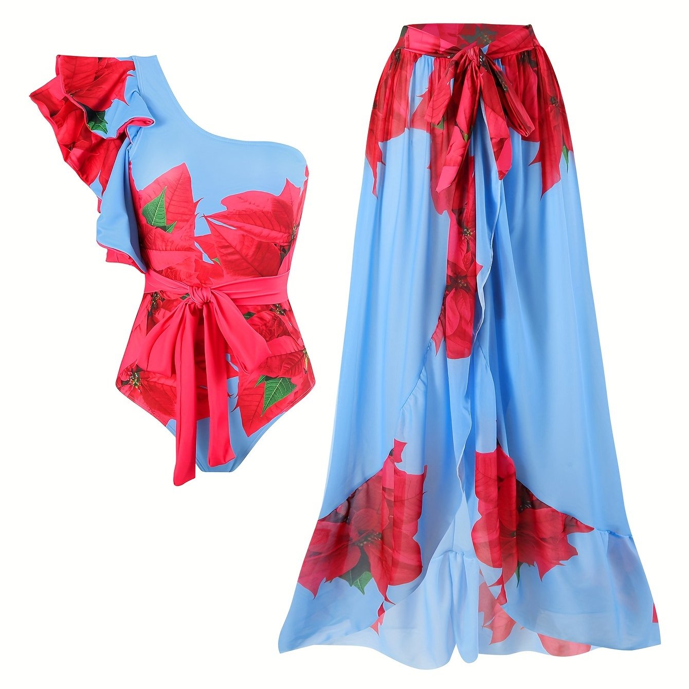 Women's Floral One-Shoulder Swimsuit Set with Blue Leaf Print High-Waisted Bottoms Ruffled Top Polyester Spandex