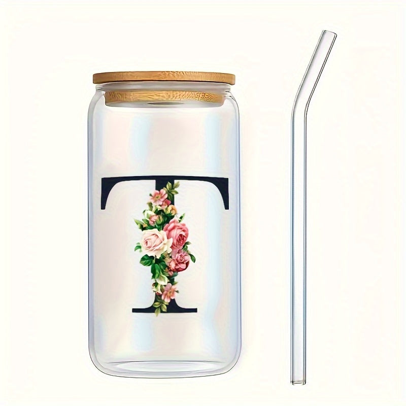Flowers Drinking Glass with Bamboo Lid and Straw 16oz Coffee Mug for Women Girls