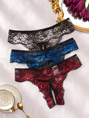 Women's Floral Lace Thongs with Open Crotch 3 Pack in Assorted Colors