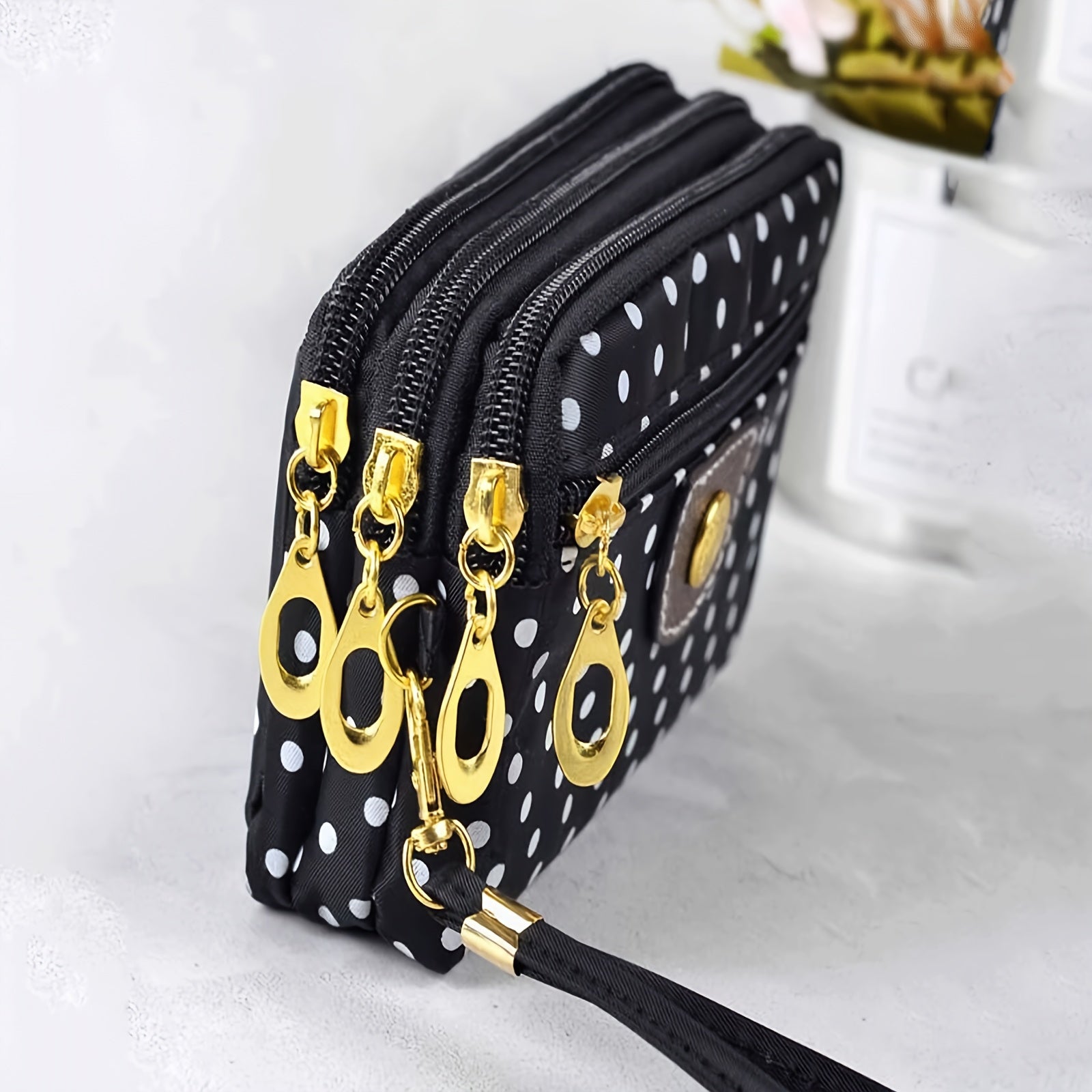 Women's Nylon Clutch Wallet with Polka Dot Pattern, Zipper Pockets, Mixed Colors