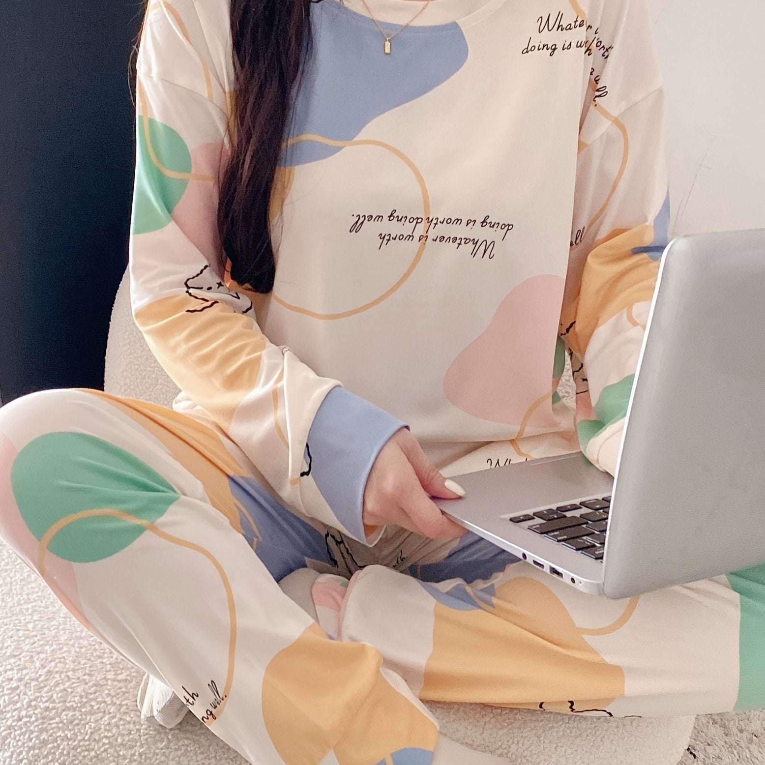 Women's Letter Print Pajama Set Long Sleeve Cozy Fall Lounge Sleepwear