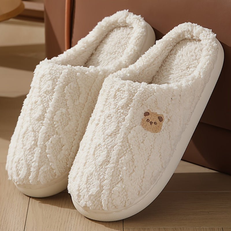 Winter Fleece-Lined House Slippers for Men and Women Solid Color TPR Sole