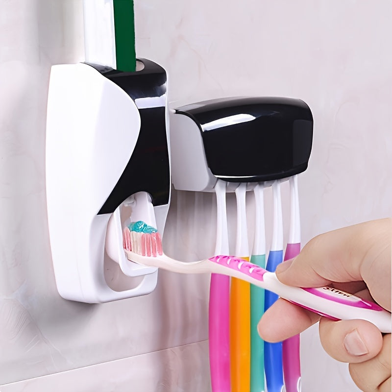 Wall-Mounted Toothbrush Holder with Automatic Toothpaste Dispenser Holds 5 Brushes No Power Needed Plastic Bathroom Organizer