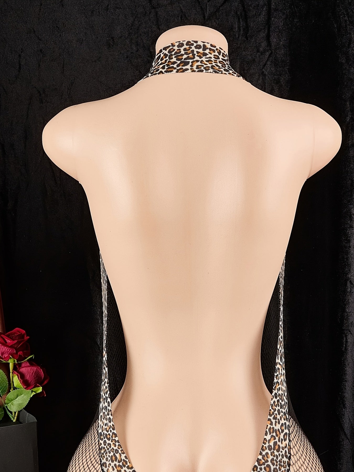 Women's Lace Jumpsuit with Leopard Print and Semi-Sheer Back Open Crotch Stocking