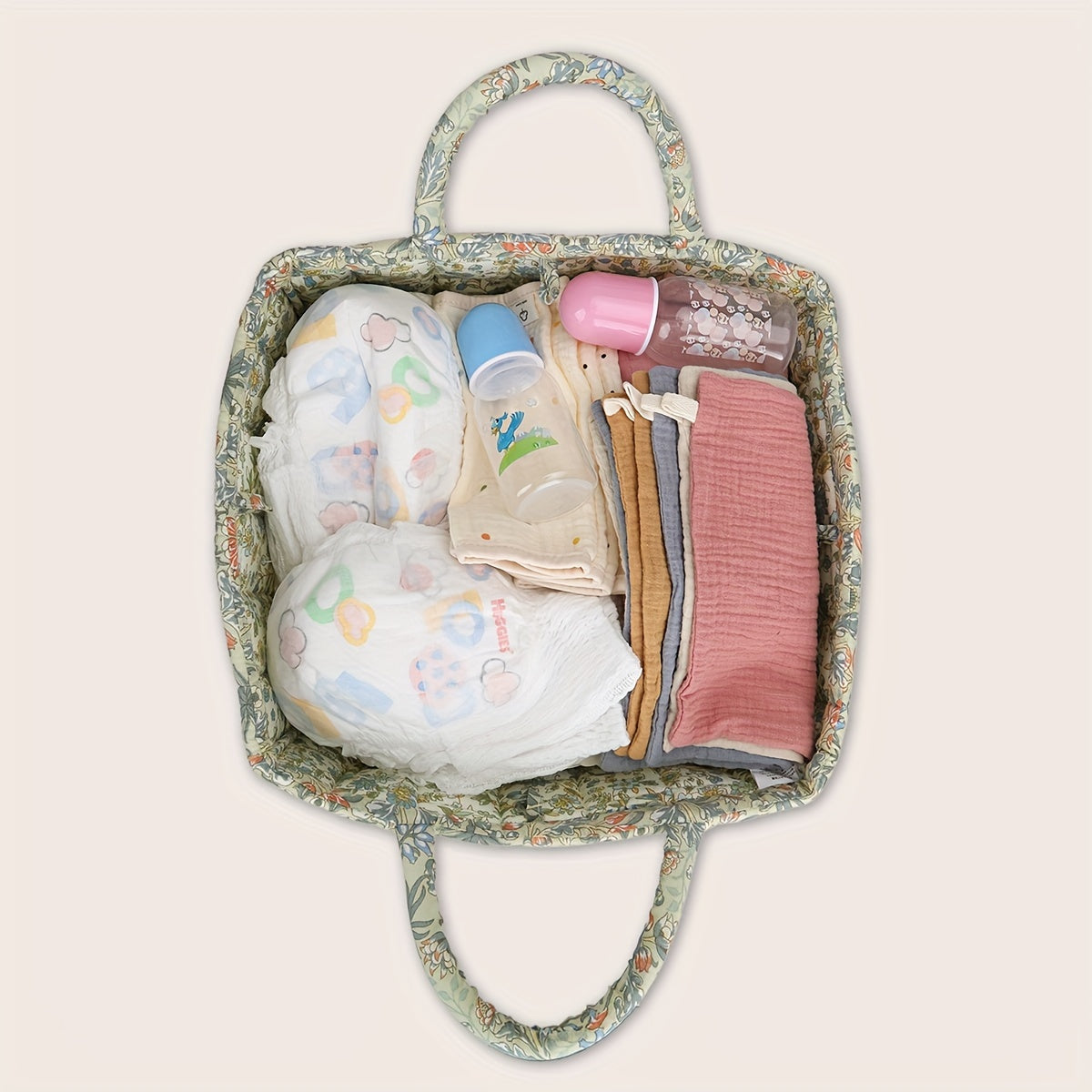Rustic Quilted Floral Storage Basket for Baby Diapers and Toys