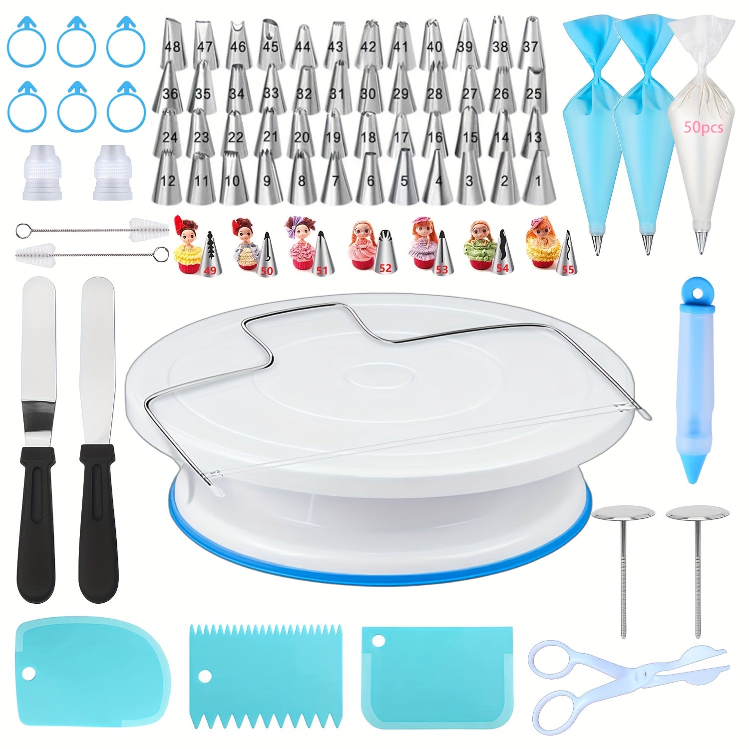 128-Piece Cake Decorating Kit with Pink Turntable Stainless Steel Piping Tips Pastry Bags Spatula and Tools