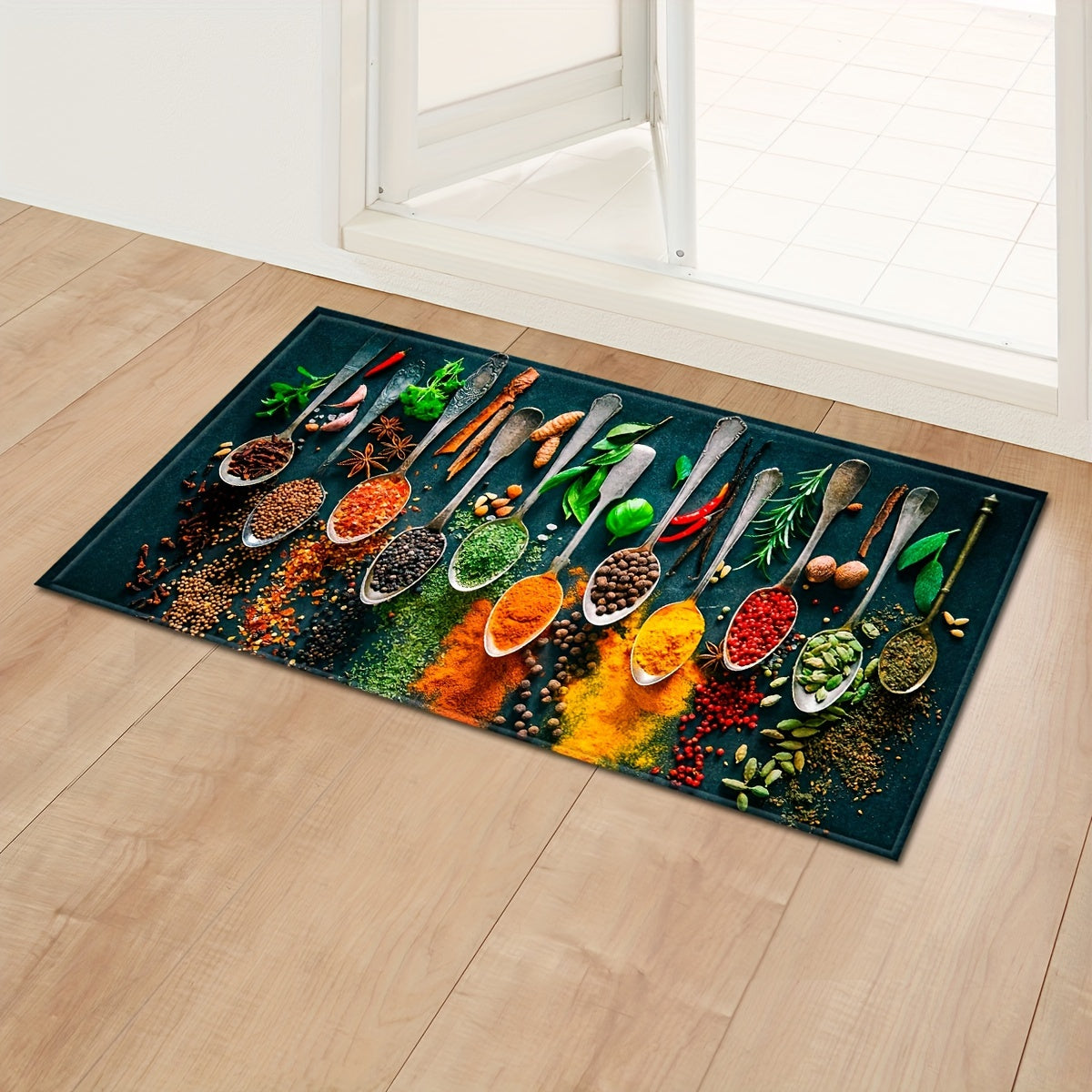 Set of Kitchen Spoons Spices Welcome Mat Non-Slip Bathroom Floor Carpet