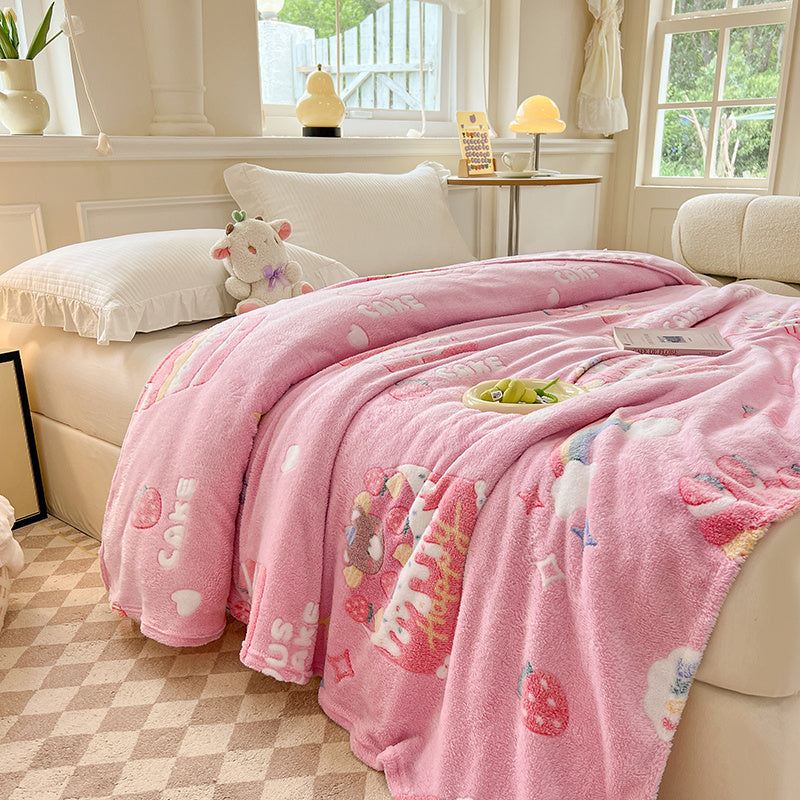Warm Plush Throw Blanket with Birthday Cake Design, Rainbow and Strawberry Details