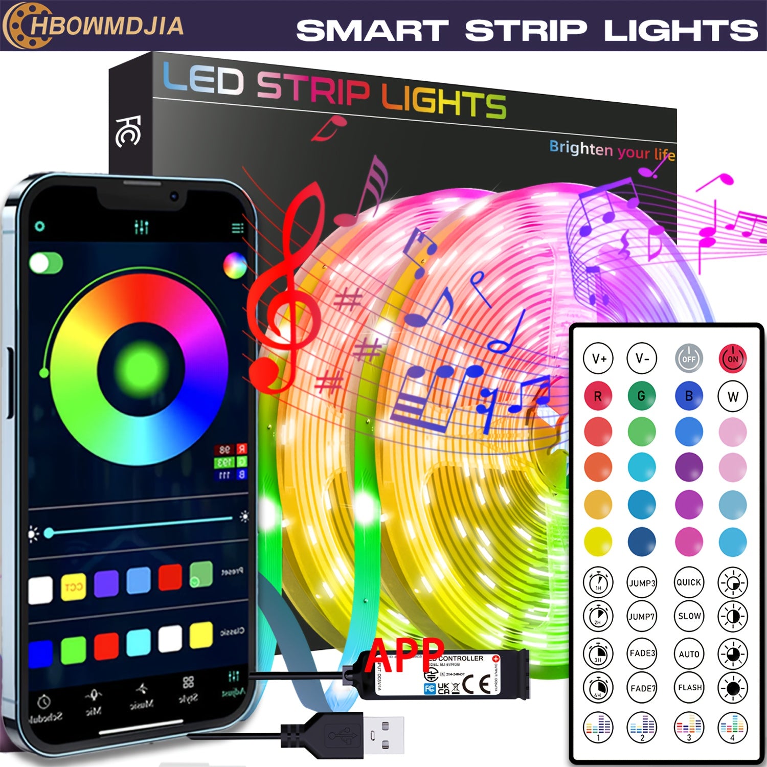 Smart RGB LED Strip Lights 4.88m to 30.48m Music Sync Color Changing App Remote Indoor Decor