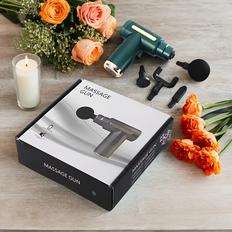 4 ta almashtiriladigan boshli portativ massaj quroli, USB zaryadlash, jim motor, fitnes va dam olish uchun.