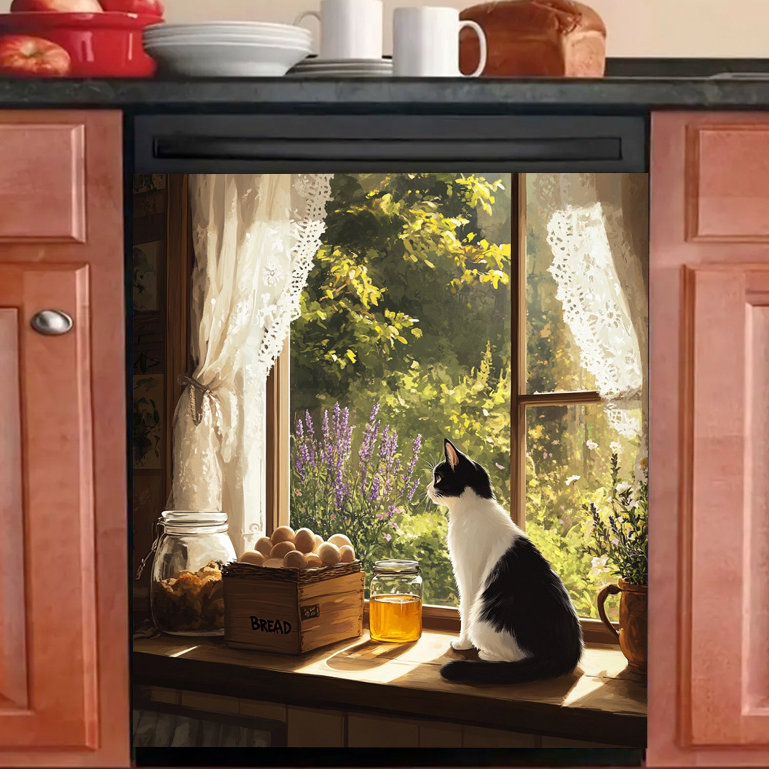 O'rmon uslubidagi idish-tovoq magnit qopqog'i, derazadagi mushuk bilan dizayn, suv o'tkazmaydigan, issiqlikka chidamli, oson qo'llaniladi, oshxona dekoratsiyasi