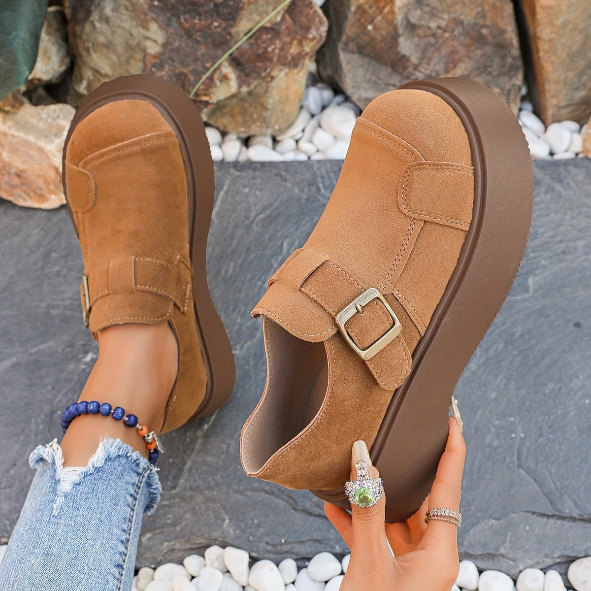 Women's Retro Leather Loafers with Metal Buckle Strap and Thick Sole