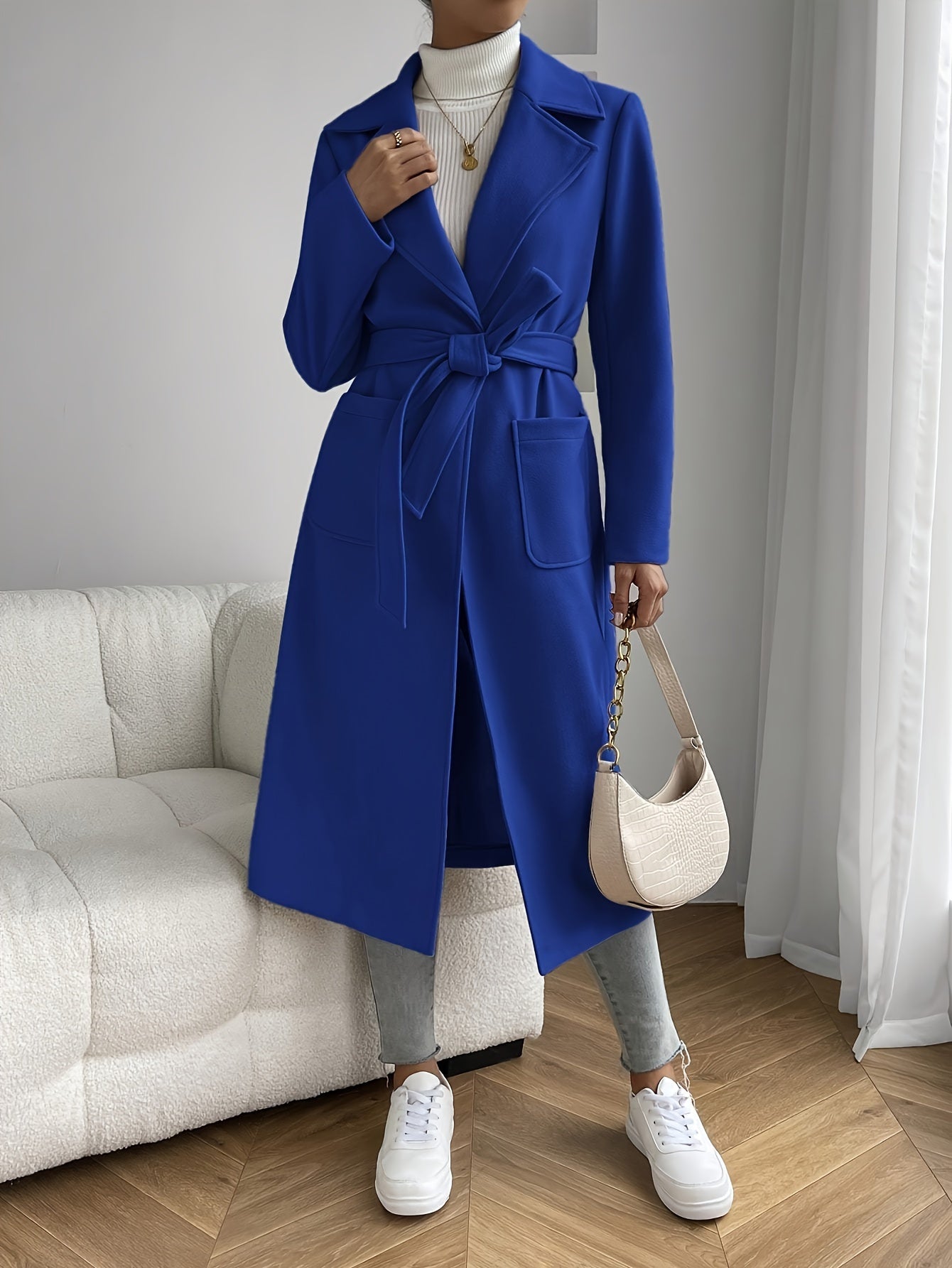 Women's Long Polyester Overcoat with Belt, Fall Winter Elegant Solid