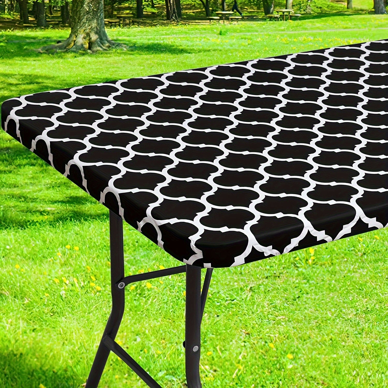 Vinyl Table Cover Waterproof with Flannel Backing Gray White Geometric Pattern Indoor Outdoor
