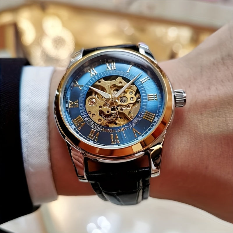 Men's Automatic Mechanical Watch Skeleton Design Brown Faux Leather Strap Casual Business Gift