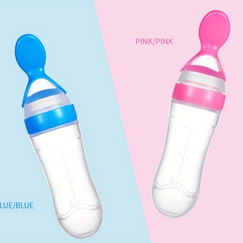 Bolsita de silicona para comida infantil con cuchara exprimible, acentos en amarillo y azul