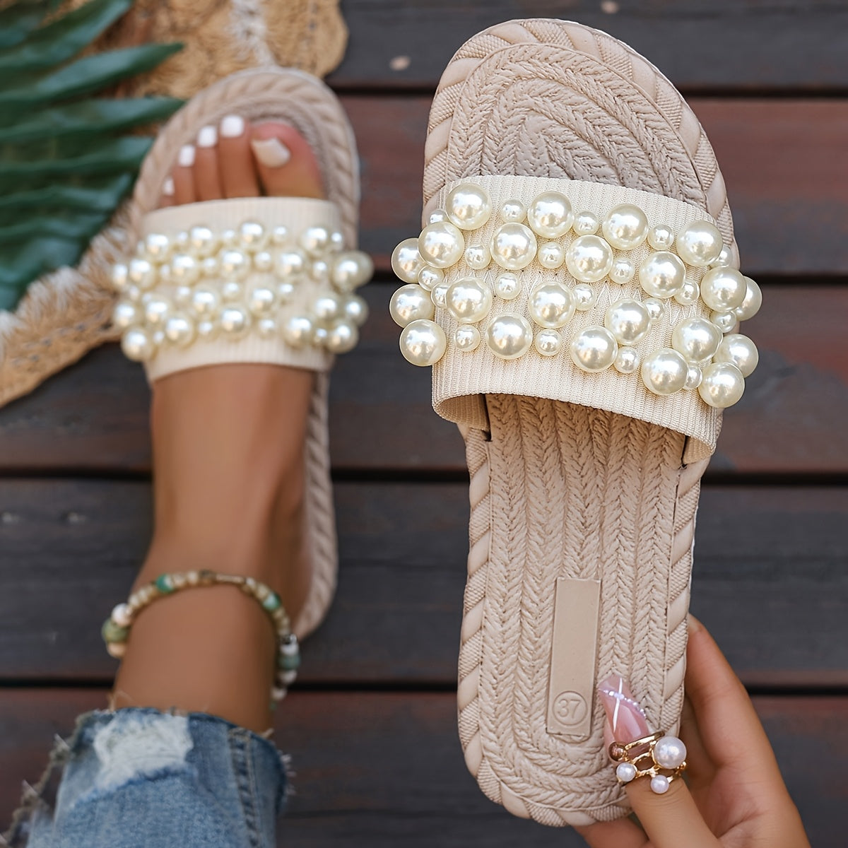 Women's Pearl Slide Sandals Lightweight Fabric Beige Open Toe Casual Slippers