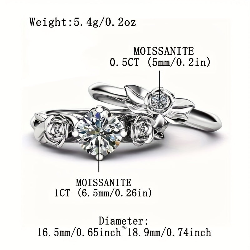 Moissanite Rose Flower Stacking Rings 1ct 0.5ct Sterling Silver Gift Box