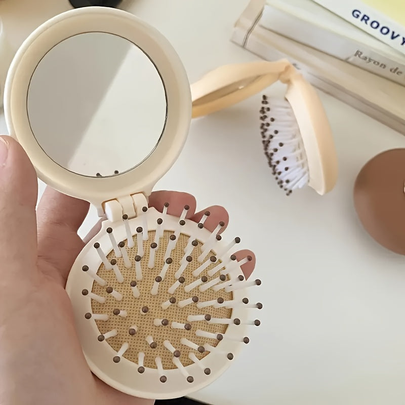 Travel Hairbrush with Mirror Foldable Scalp Massaging Air Cushion Dry Hair