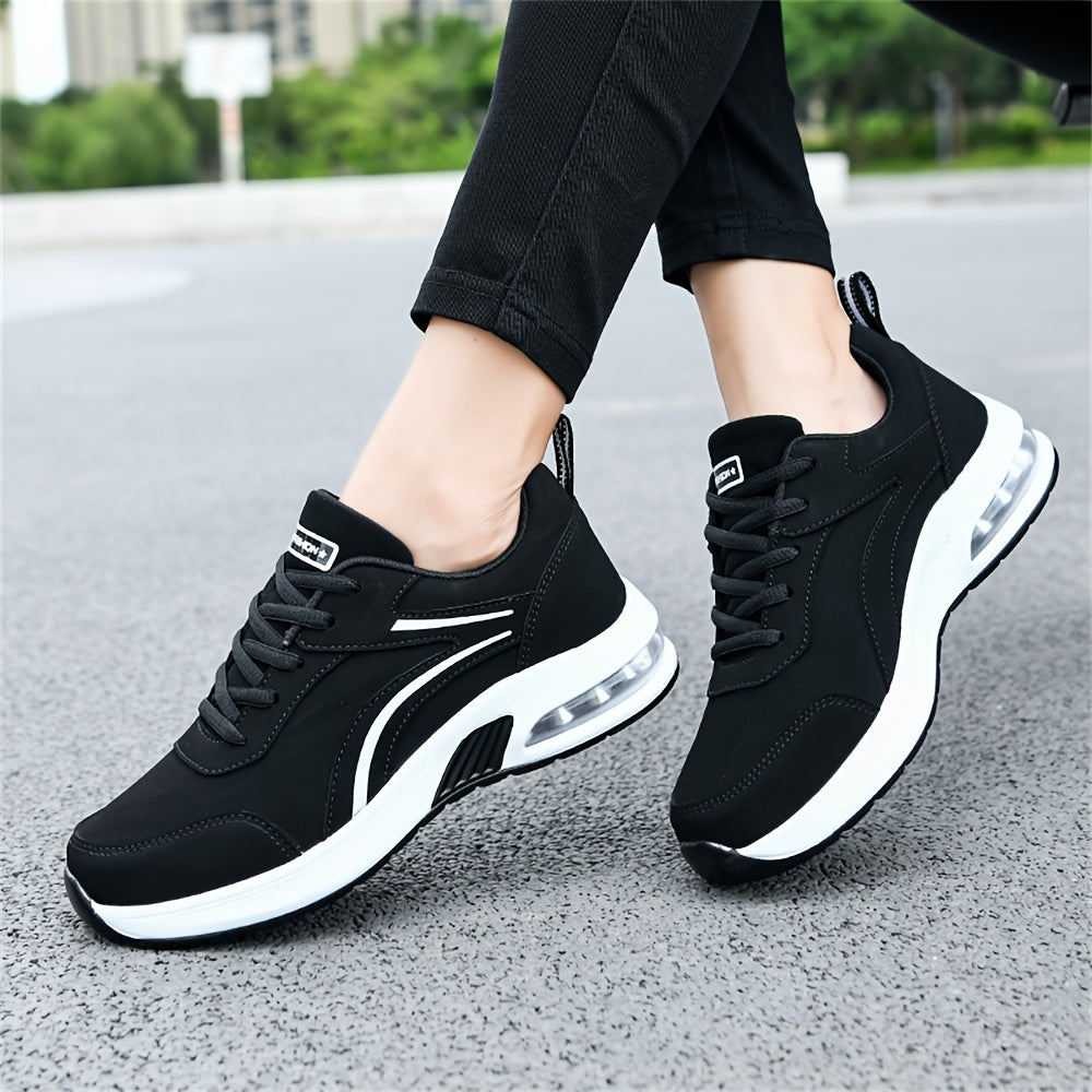Women's Black Synthetic Leather Casual Sneakers with Air Cushion Support for All Seasons