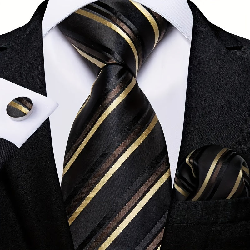 Men's Striped Necktie Set with Cufflinks and Pocket Square for Business and Parties