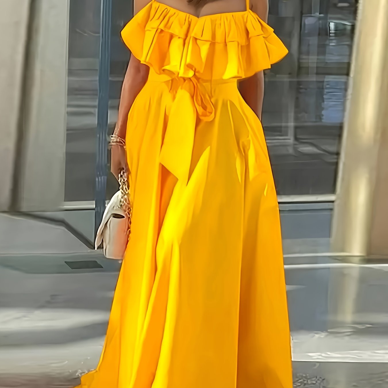 Women's Sleeveless Maxi Dress with Ruffle Trim and Tie Waist Polyester Elegant Spring Summer