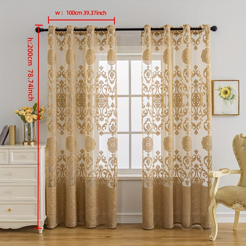 Golden Jacquard Sheer Curtain Grommet Top for Bedroom Living Room Home Decor