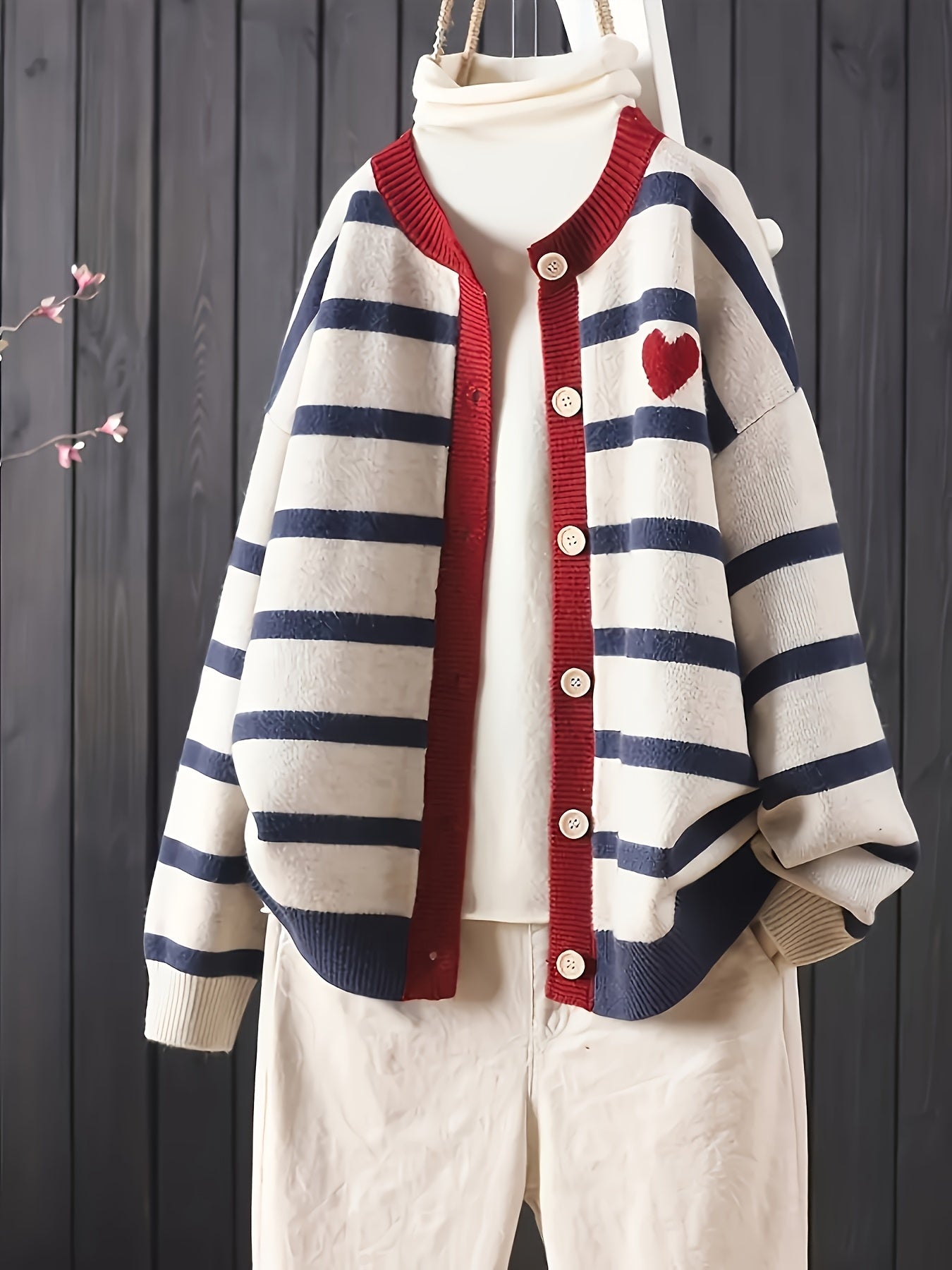 Plus Size Women's Striped Cardigan with Heart Detail Long Sleeve Open Front Sweater Navy Beige Red
