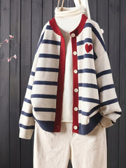 Plus Size Women's Striped Cardigan with Heart Detail Long Sleeve Open Front Sweater Navy Beige Red