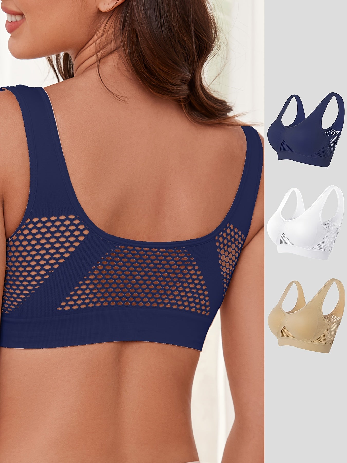 Women's Sports Bra Set 3 Pack No-Seam Breathable Mesh Light Support Pink Black Purple