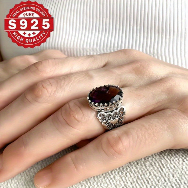 Sterling Silver Filigree Heart Cocktail Ring with Amethyst Gemstone