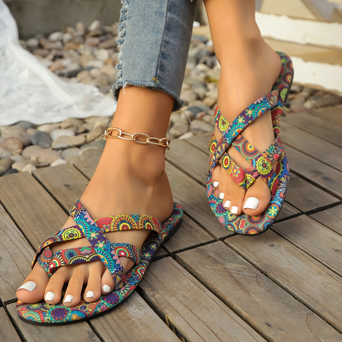 Women's Bohemian Floral Flat Sandals Open Toe Rubber Sole Summer Casual